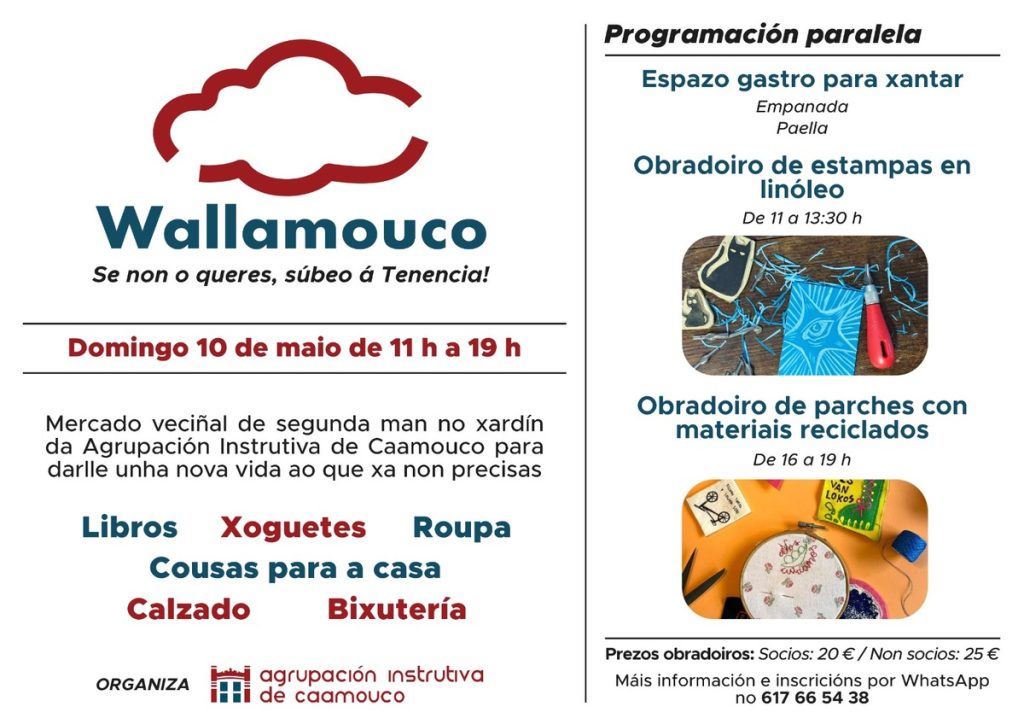 Cartel del mercado de segunda mano Wallamouco en Caamouco, con detalles de los talleres de linograbado y reciclaje textil previstos para el 10 de mayo